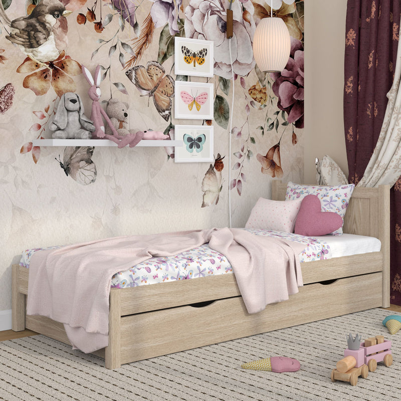 Einzelbett mit Schublade aus Eichenholz Eiche gebleicht – Kinderzimmer, Scandi-Stil