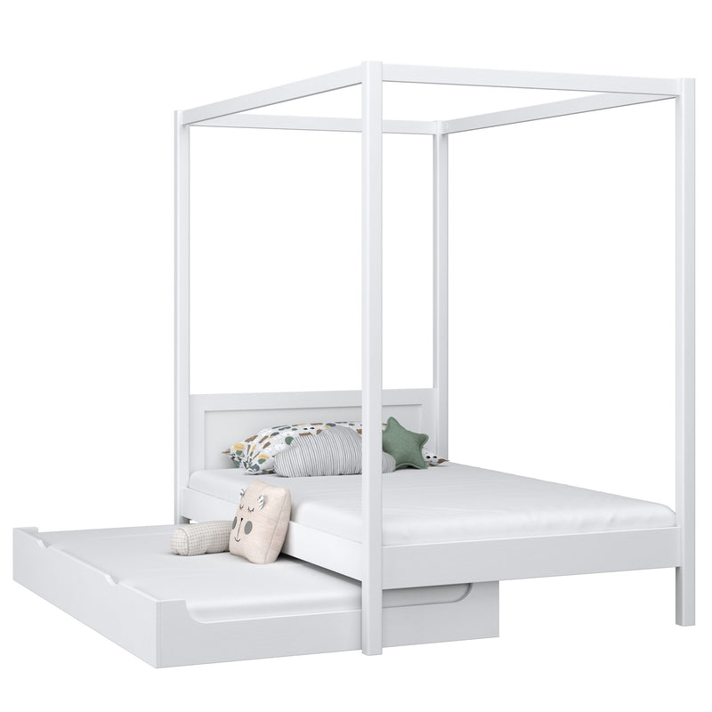 Single bed with canopy and drawer for an extra mattress N02 wooden in custom RAL/NCS color – solid wood, N