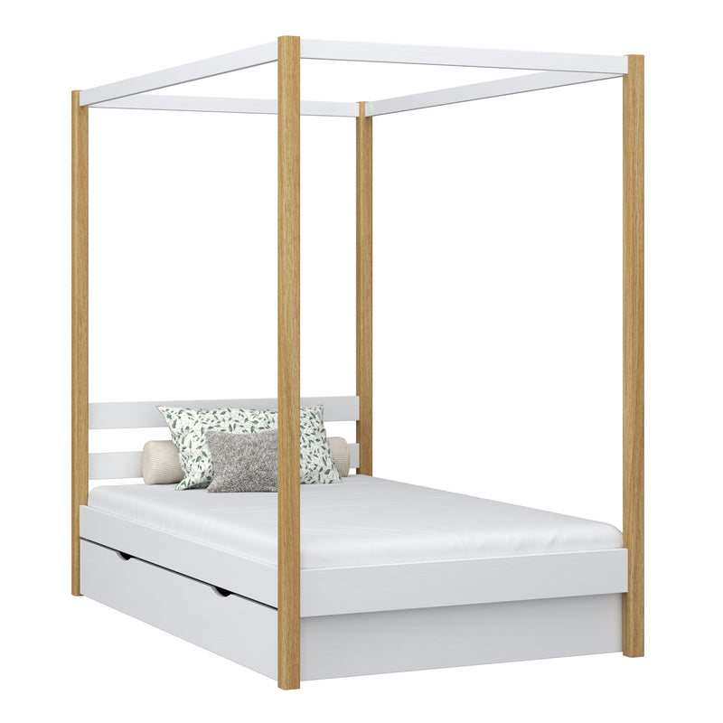 Wooden canopy bed with drawer white-oak – child’s room, scandi style