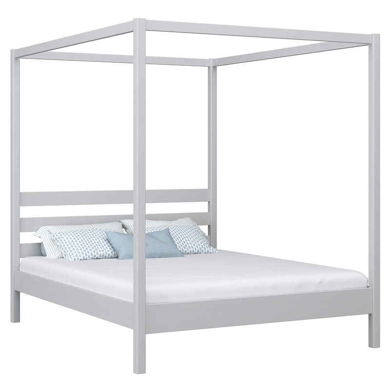 En bois lit double à baldaquin N01 gris – vue générale, bois massif en pin