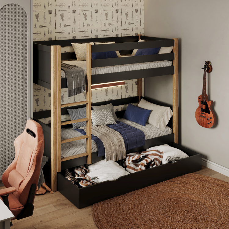 Lit superposé avec tiroir en bois noir-chêne – chambre d'enfant, bois massif, scandinave