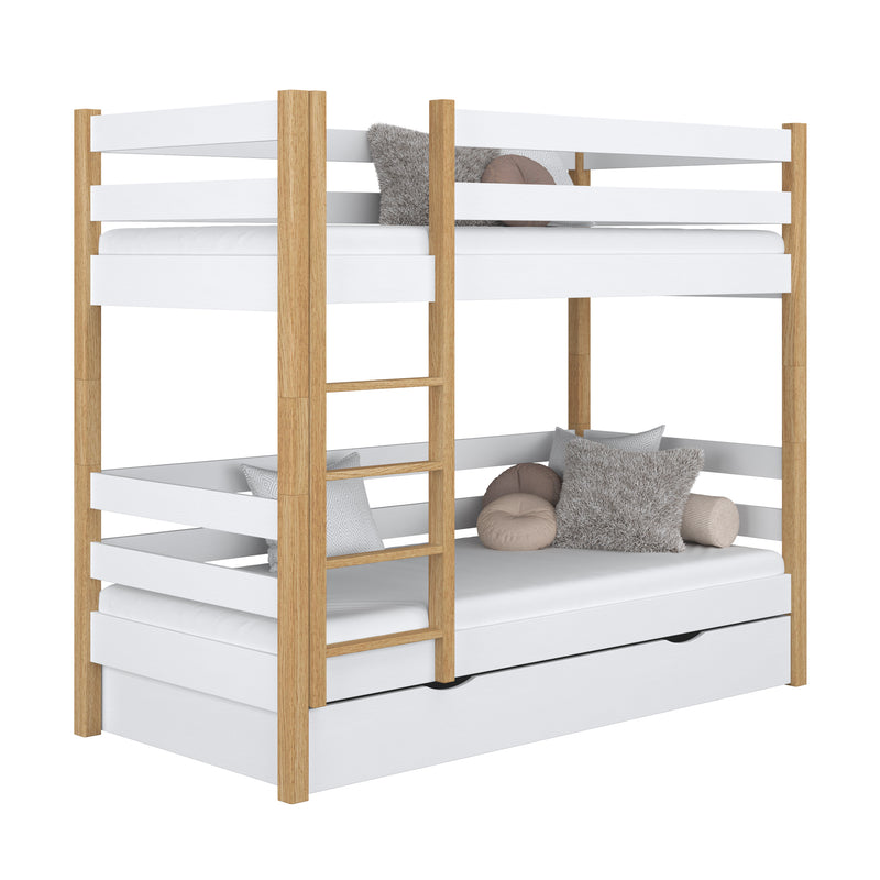White and Oak Wooden Bunk Bed with Drawer – Children’s Room, Solid Wood, Scandi