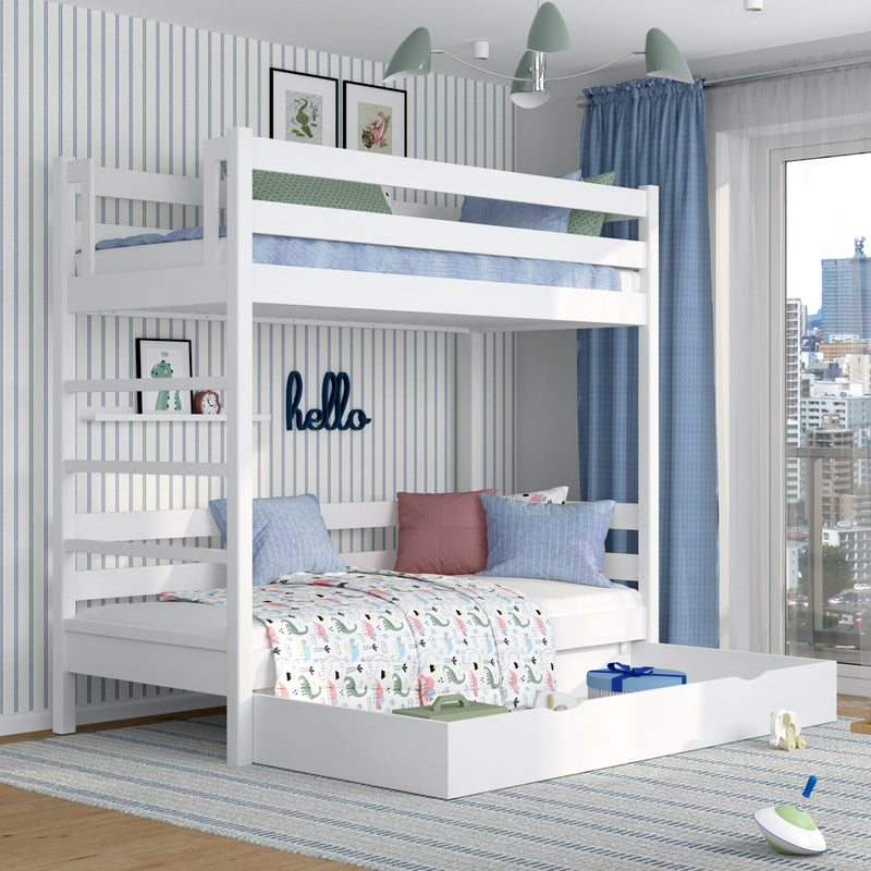 White Wooden Bunk Bed with Drawer – Children’s Room, Solid Wood, Scandi
