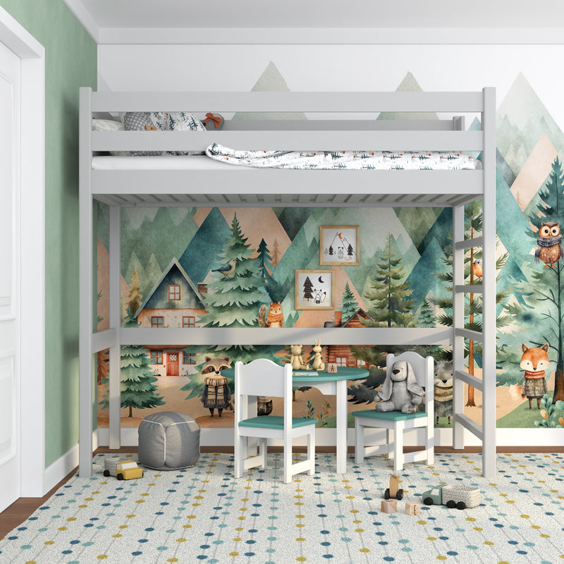 Hochbett aus Holz grau – Kinderzimmer, Massivholz, Scandi-Stil