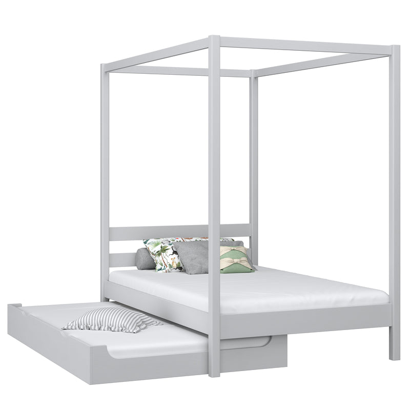 Himmelbett mit Baldachin und Schublade für Matratze Holz Grau – Kinderzimmer Scandi