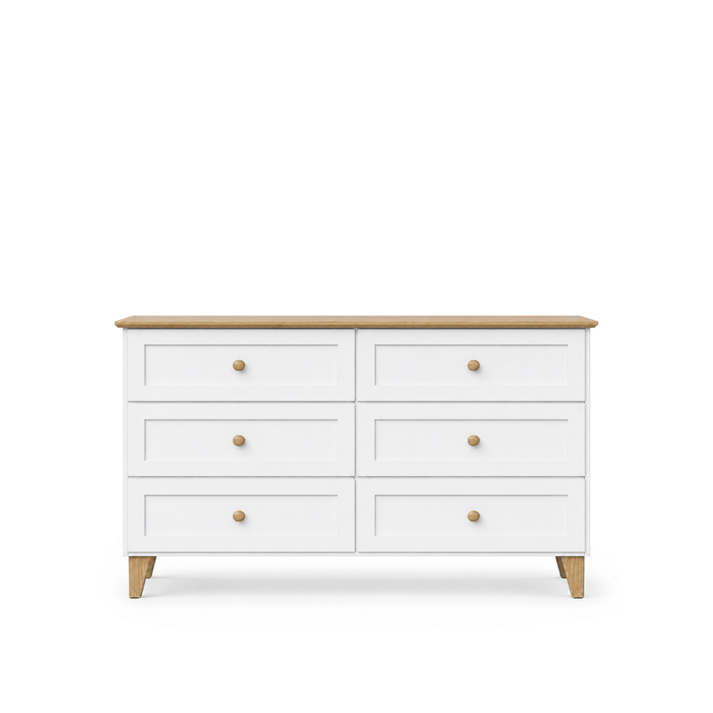 Commode z 6 tiroirmi en bois blanc avec chêne 154 cm – chambre, style scandinave