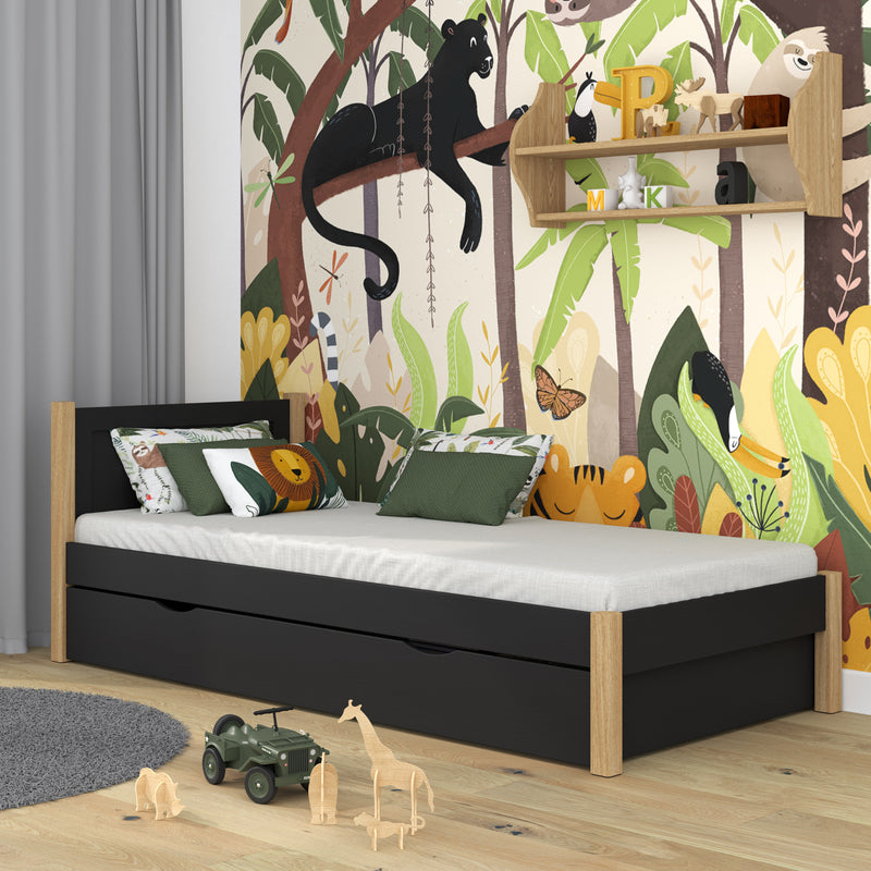 Einzelbett mit Schublade aus Holz Schwarz-Eiche – Kinderzimmer, Scandi-Stil