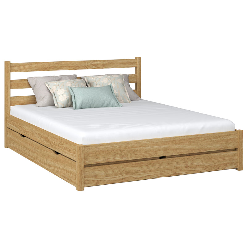 Eichenholz-Doppelbett mit Schublade N01 Eiche natur – Gesamtansicht, massives Eichenholz