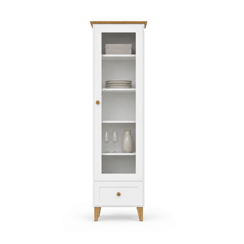 Holzvitrine 1S 57 Scandi weiß / natürliche Eiche