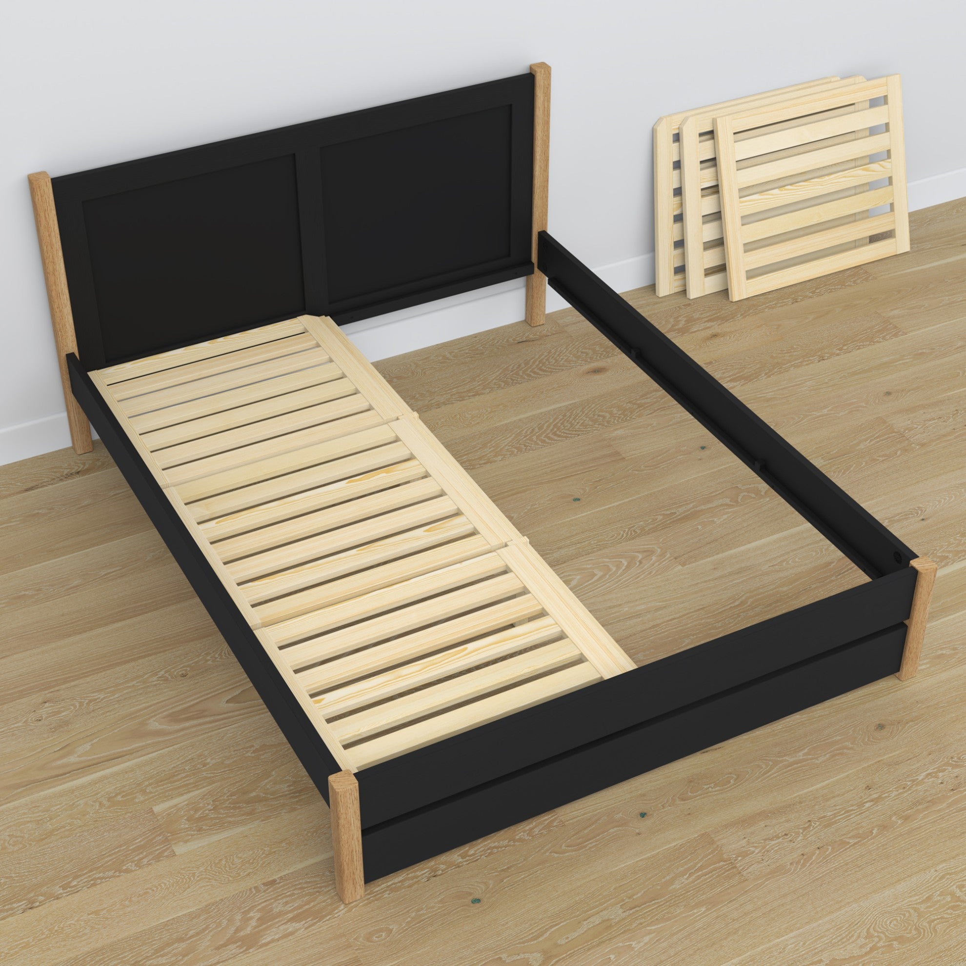 Double bed black with oak made of wood – dimensions and diagram, Nizio Home