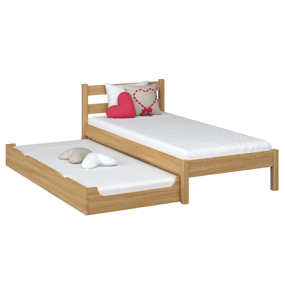 Natural Oak Bed with Mattress Drawer – Side View, Oak, Nizio Home