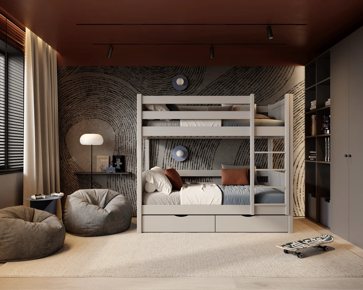 Grey Wooden Bunk Bed with Drawer – Dimensions and Diagram, Nizio