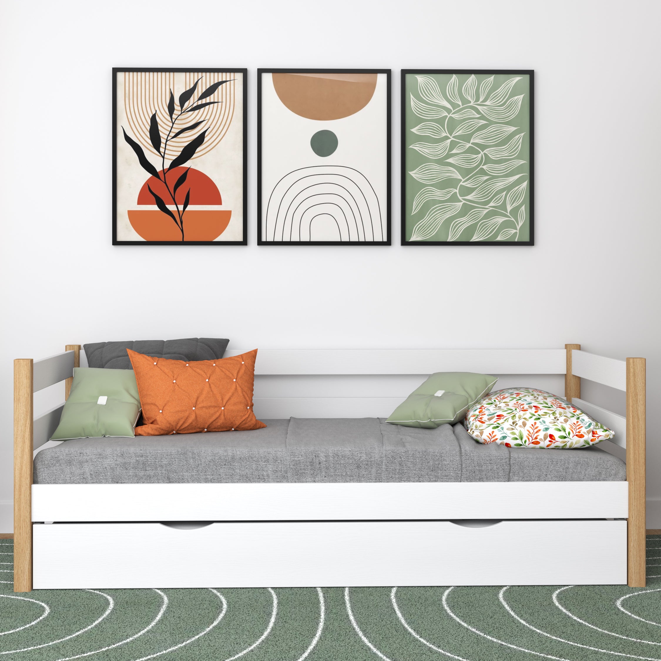 Sofa-Bett weiß-Eiche – seitliche Schutzbarriere Holz, Seitenansicht, Nizio