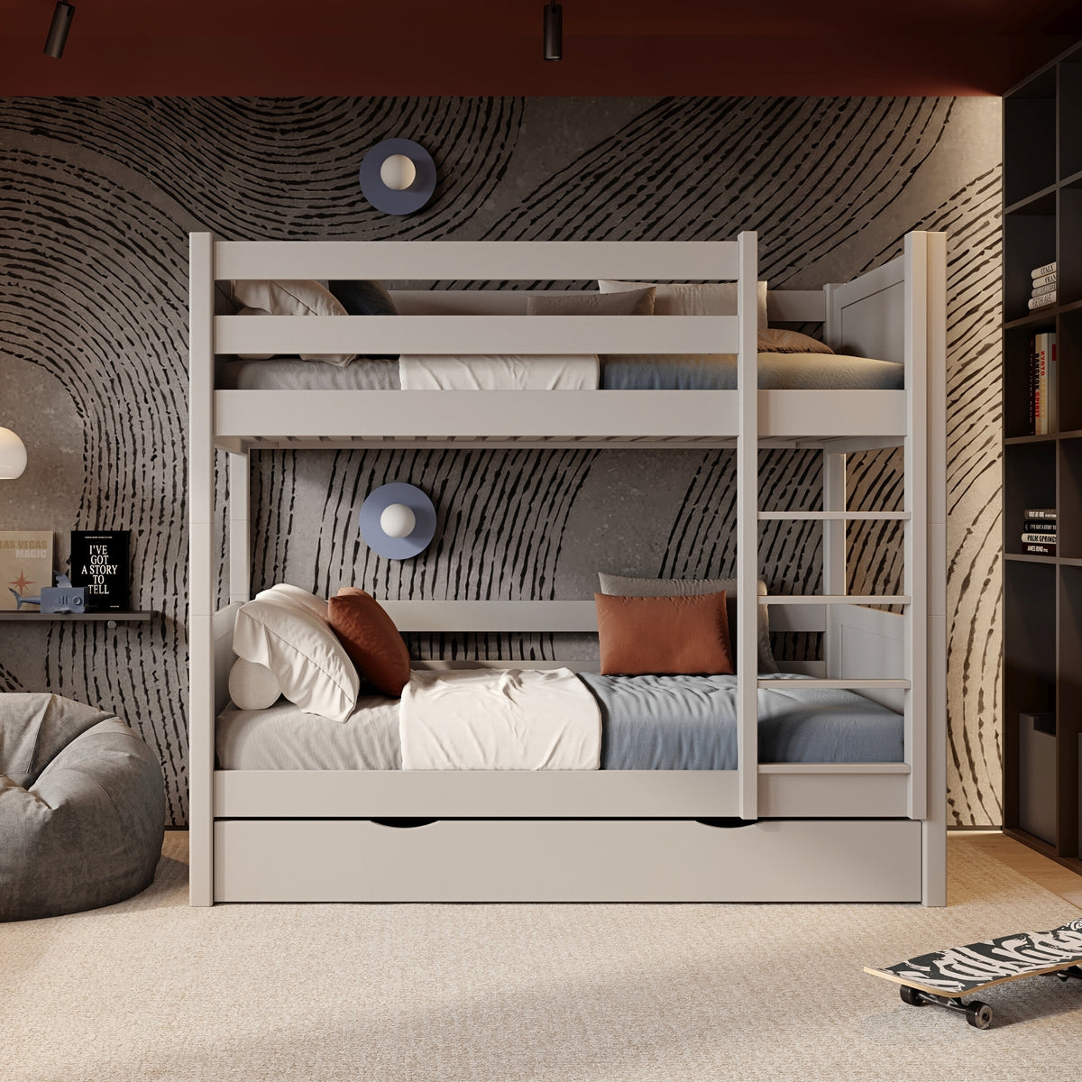 Grey Wooden Bunk Bed – Open Drawer, Spacious Storage Under the Bed