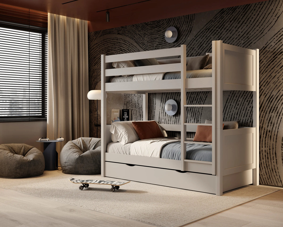 Grey Bunk Bed for Children – Two Sleeping Areas and Drawer, Wooden