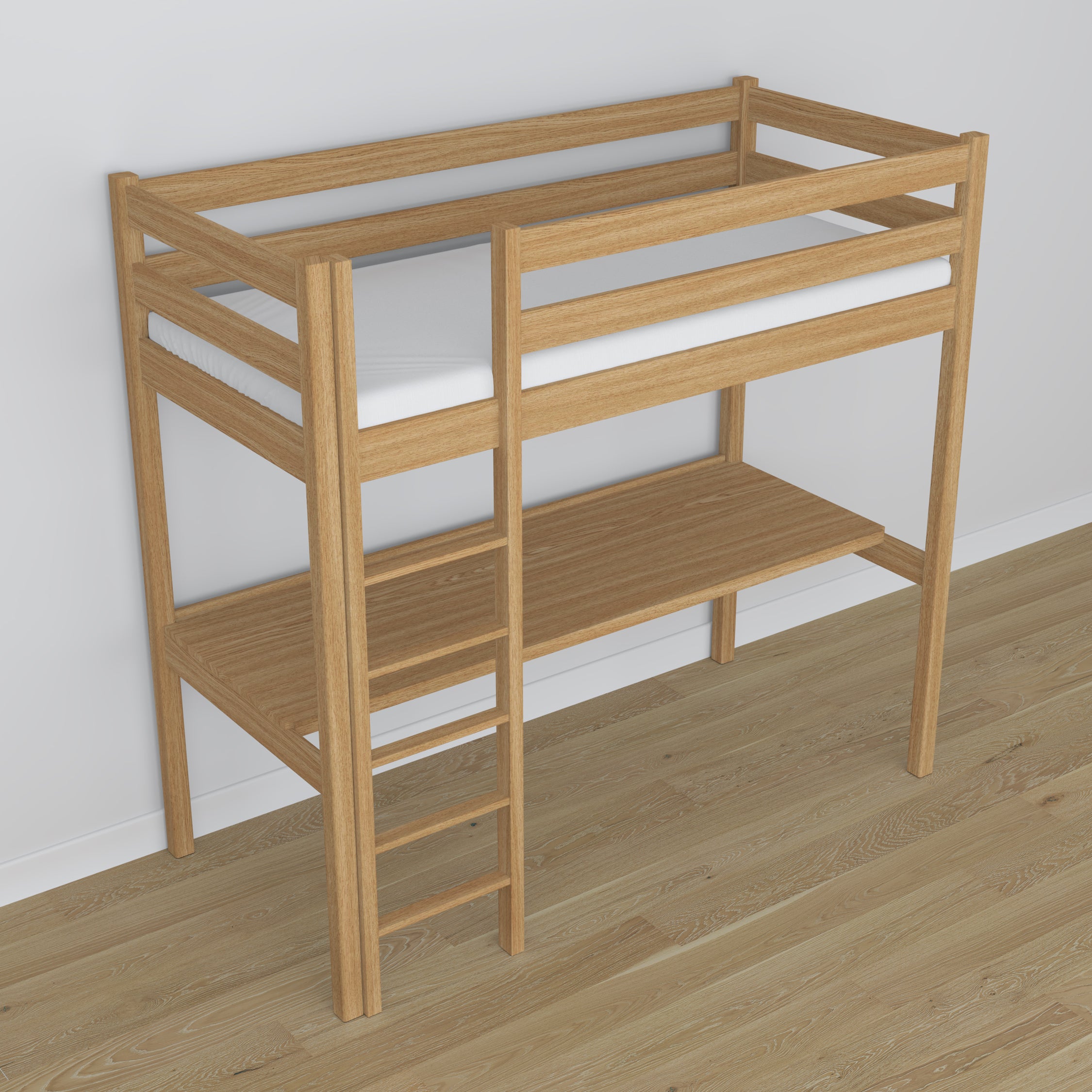 Loft bed natural oak oak – top view of the sleeping area, Nizio