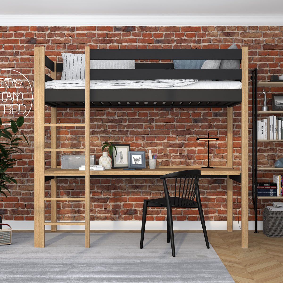 Loft bed black/oak with desk – study space under the sleeping area, wooden