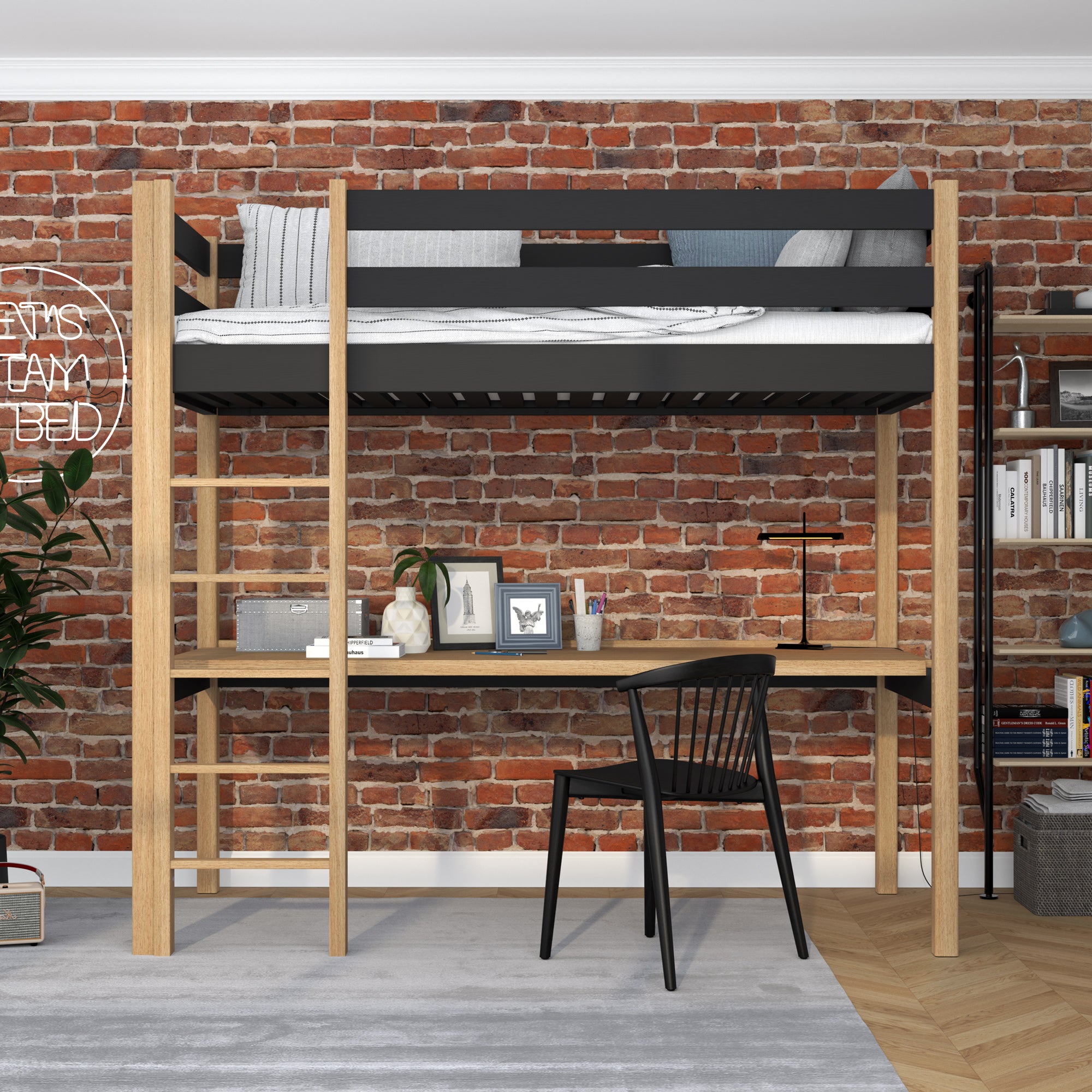 Loft bed black/oak with desk – study space under the sleeping area, wooden