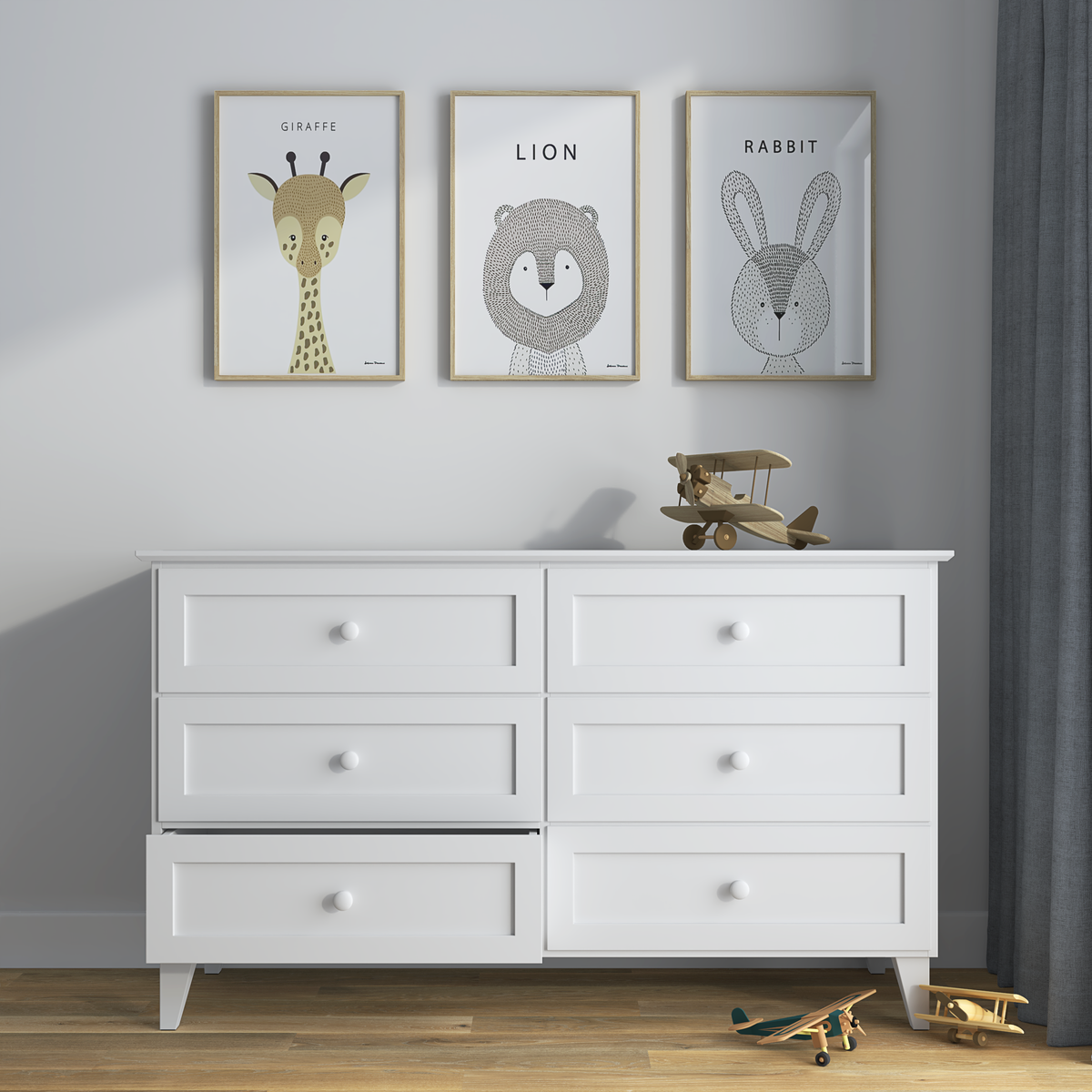Commode 6S en bois blanc – szuflady otwarte, pojemne l'intérieur rangements