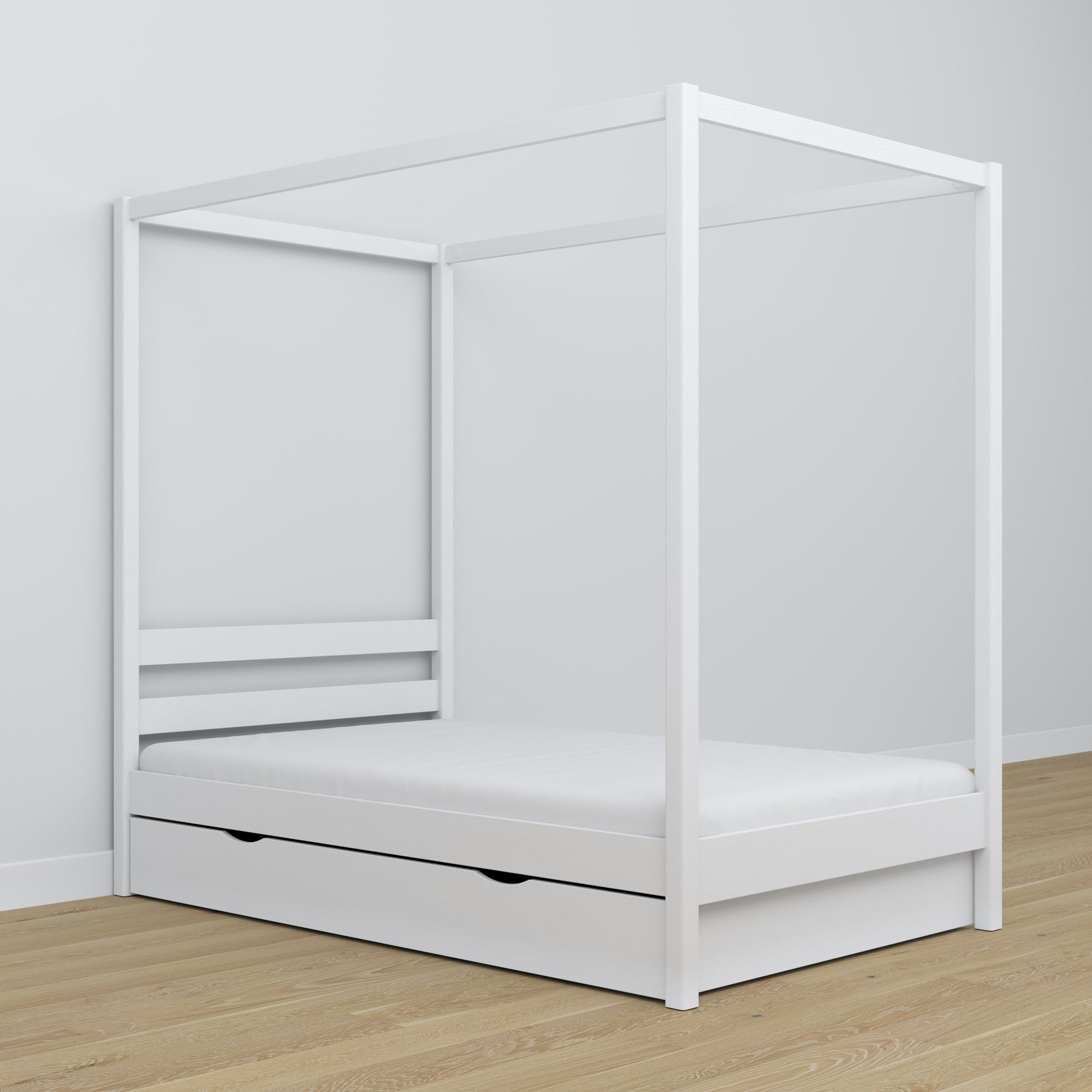 Lit à baldaquin en bois blanc dans la chambre d'enfant – décoration scandinave