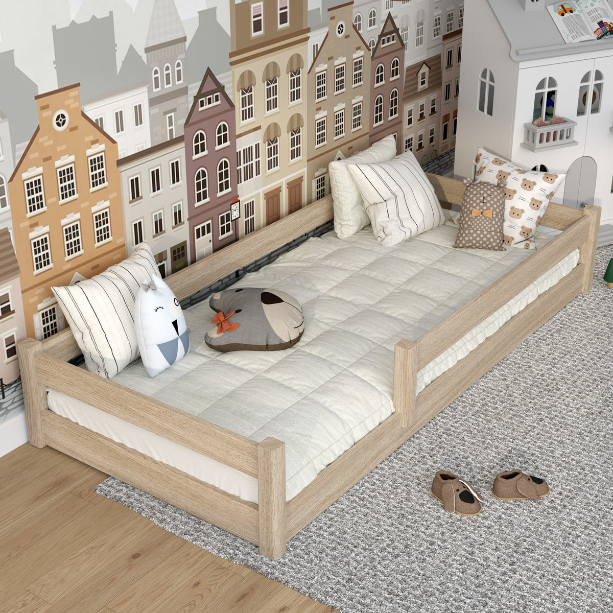 Low Bed Bleached Oak in Bedroom – Scandinavian Arrangement, Oak