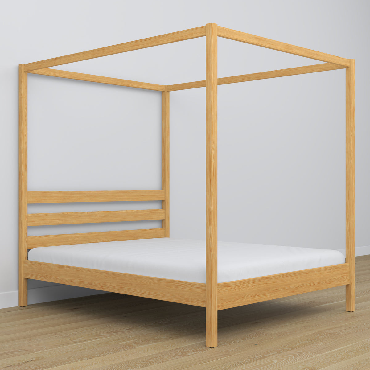Double bed natural pine with canopy – decorative wooden frame, scandi