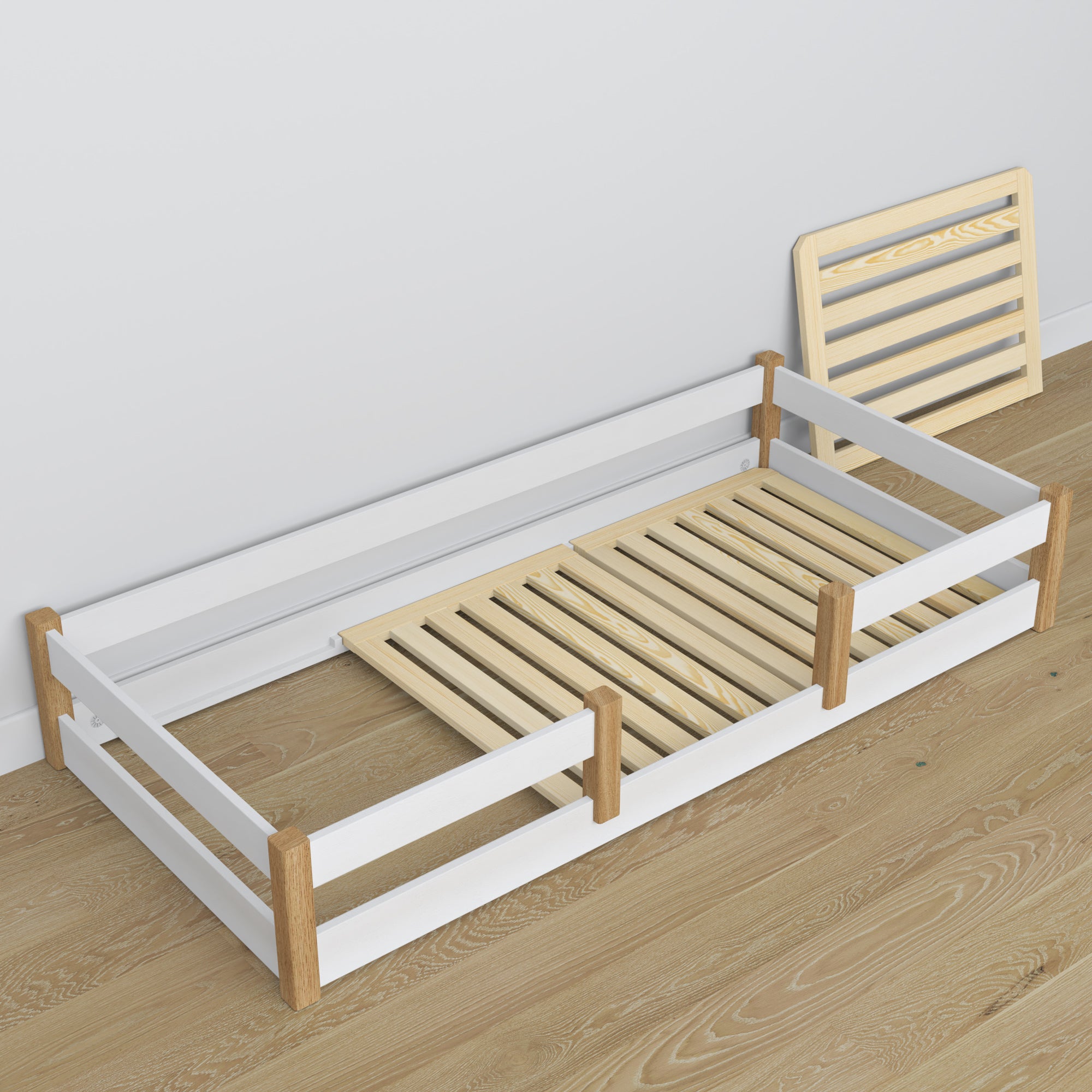 Lit bas en bois blanc-chêne – partie arrière et proportions, chambre scandinave