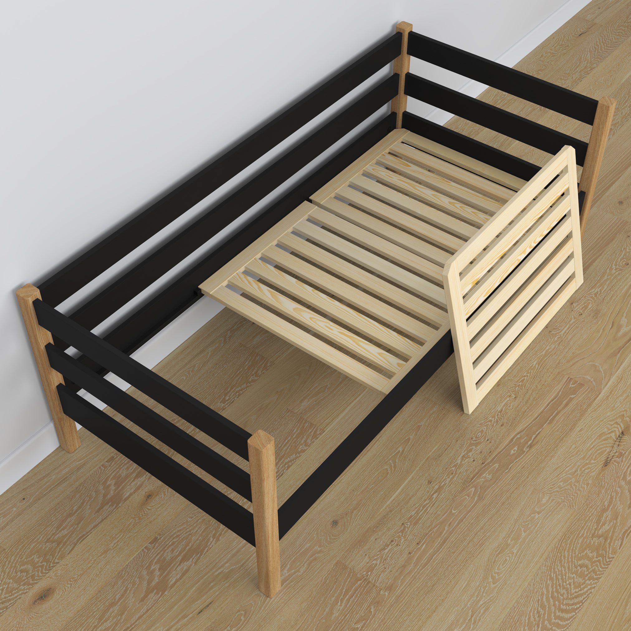 Bettsofa aus Holz Schwarz-Eiche – Ansicht vom Kopfende, Kinderzimmer