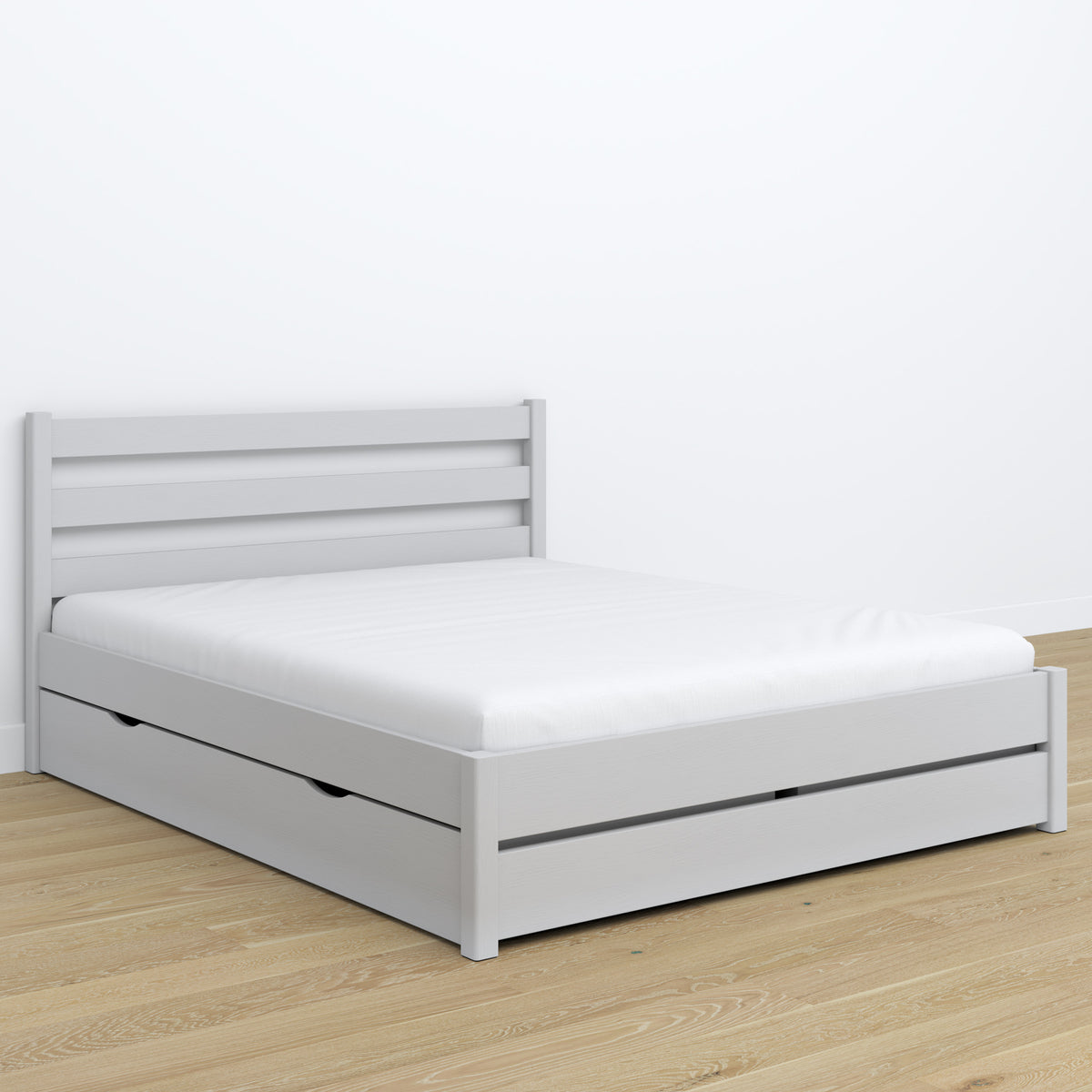 Doppelbett Aschgrau mit Schublade – Kopfteil aus Holz, Nahaufnahme