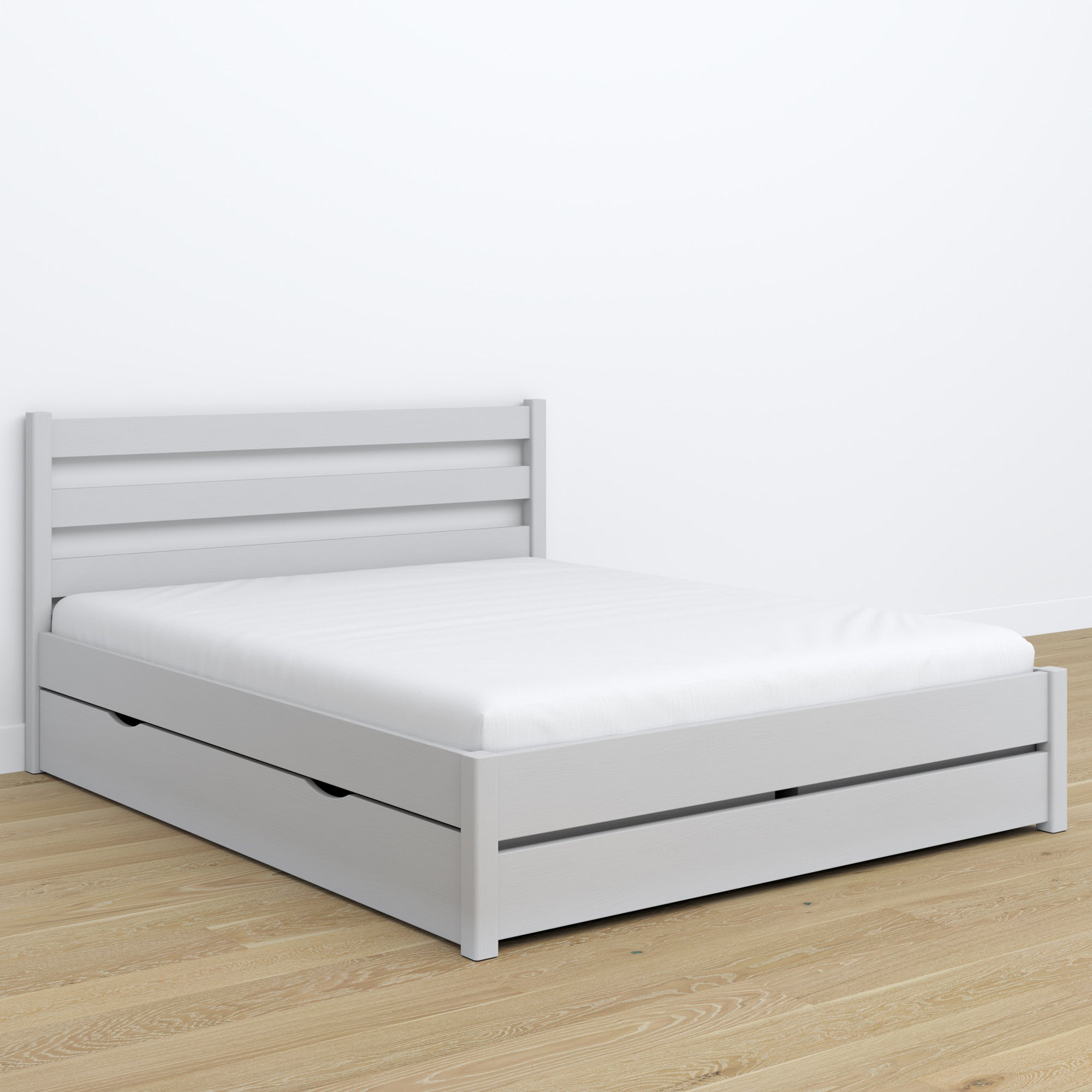 Doppelbett Aschgrau mit Schublade – Kopfteil aus Holz, Nahaufnahme