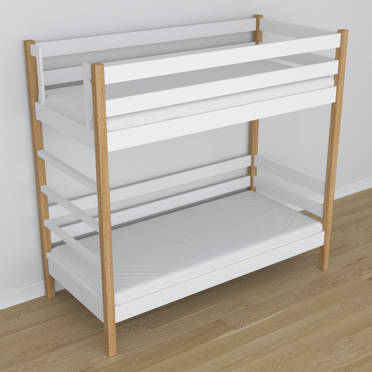 Lit superposé blanc-chêne – angle en bois, gros plan sur la qualité wykonania