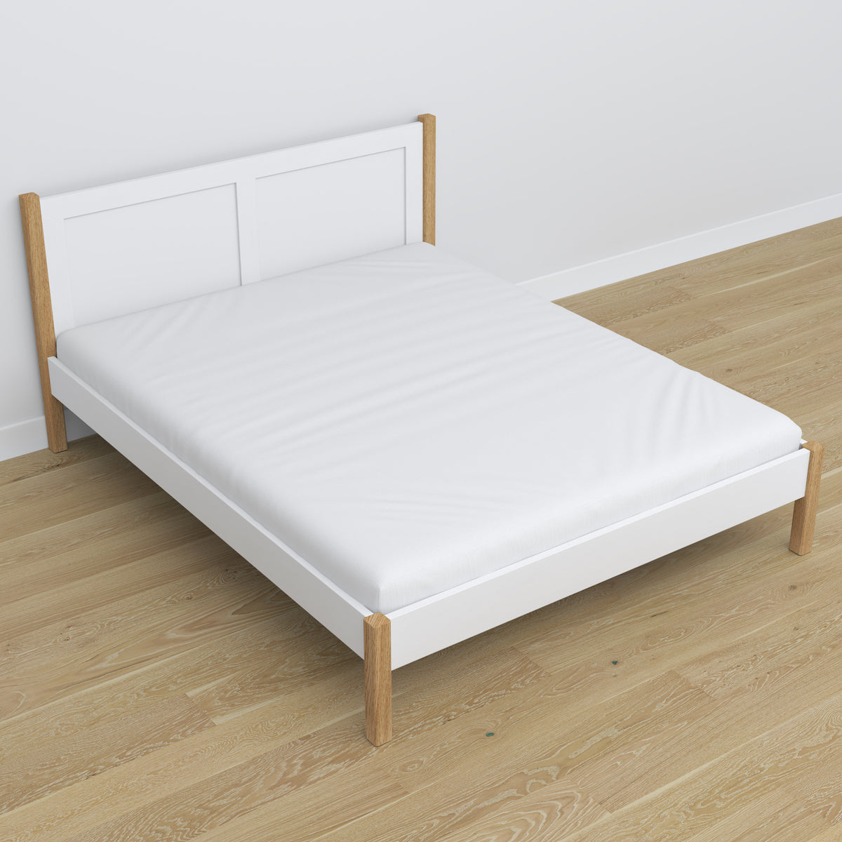 Doppelbett Weiß-Eiche im Schlafzimmer – Arrangement mit Bettwäsche, scandi Stil