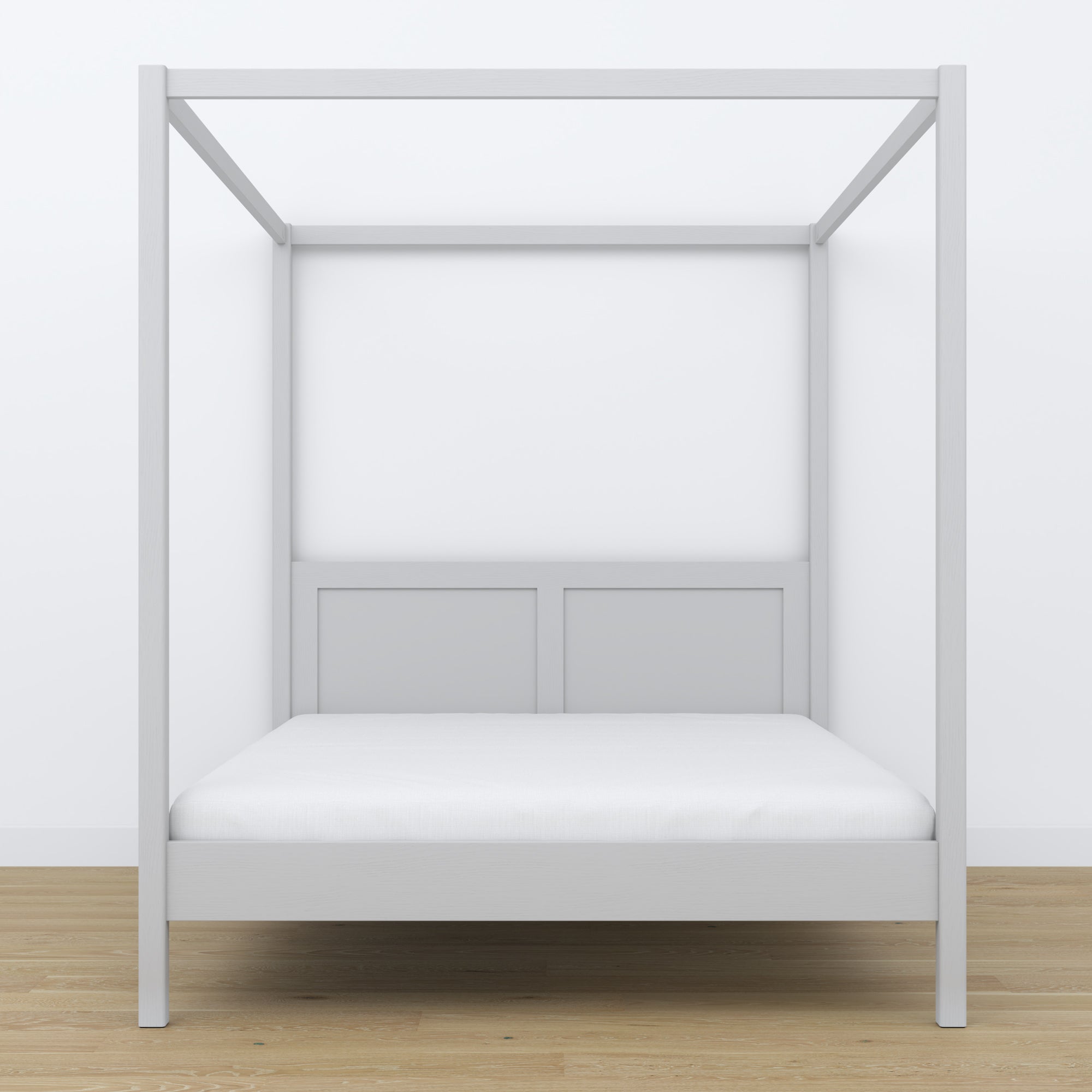 Doppelbett mit Baldachin Holz grau – Kopfteil und Rahmen, Nahaufnahme