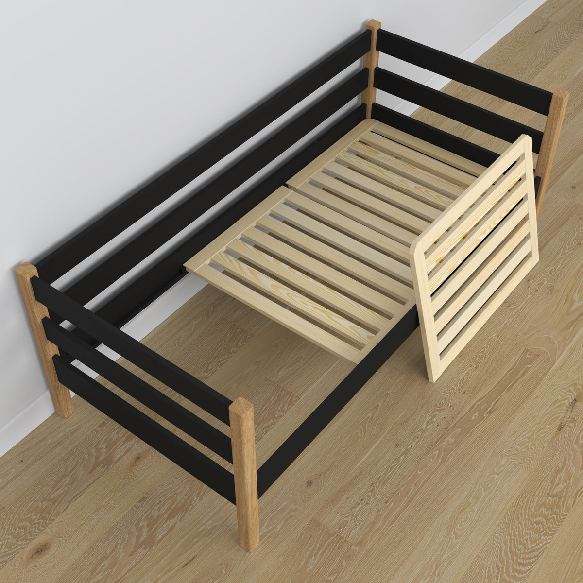 Sofabett mit Schublade für Matratze schwarz-Eiche aus Holz – Maße, Nizio