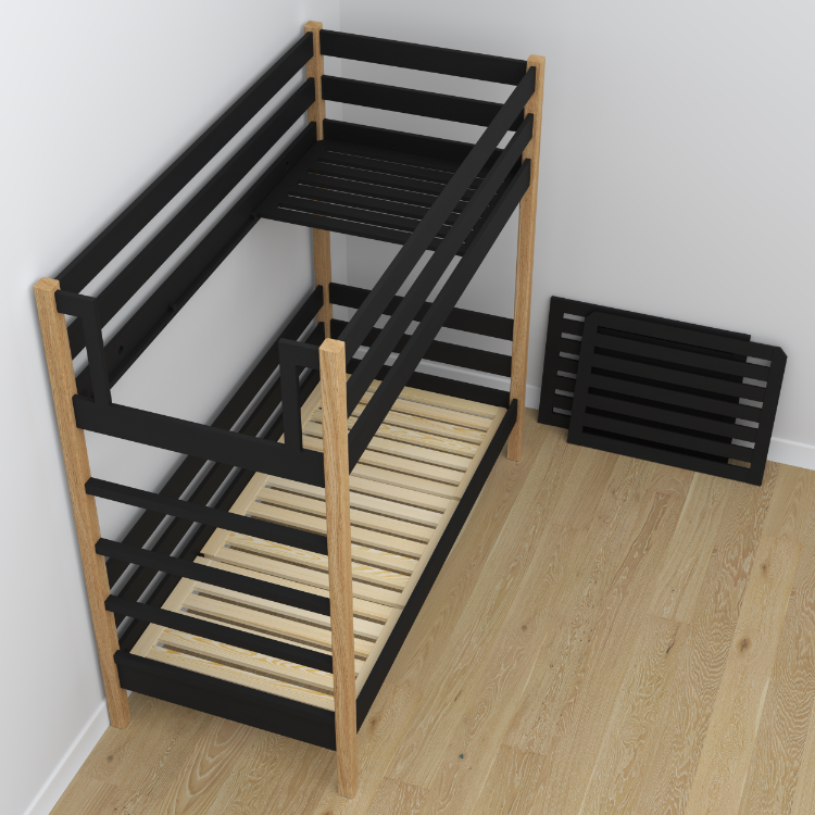 Lit superposé en bois noir-chêne z tiroir – décoration de chambre d'enfant scandinave