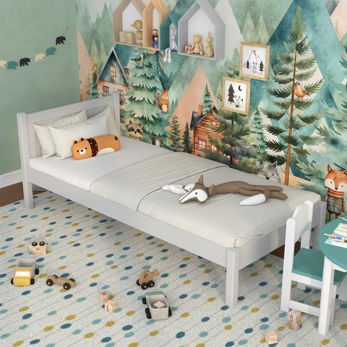 Lit gris dans la chambre d'enfant – décoration scandinave, en bois