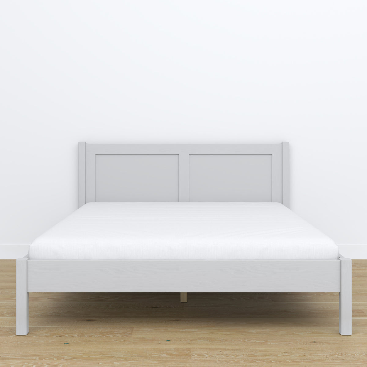 Doppelbett Holz Grau – Seitenansicht, Proportionen und Form, Schlafzimmer