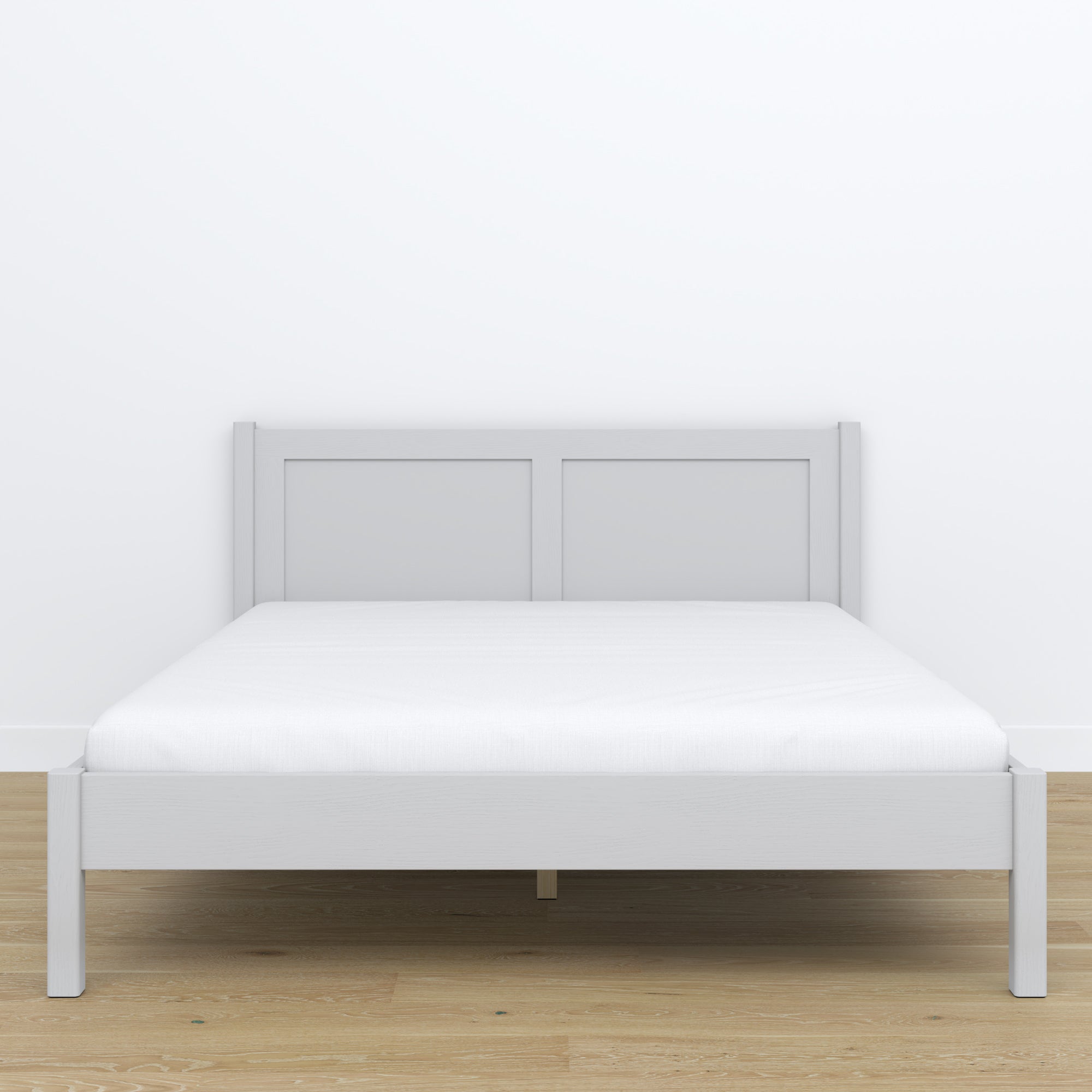 Doppelbett Holz Grau – Seitenansicht, Proportionen und Form, Schlafzimmer