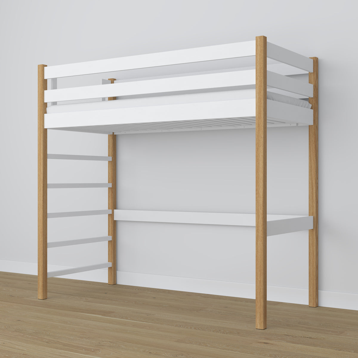 Loft bed white/oak wooden – dimensions and diagram, Nizio
