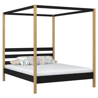 Wooden canopy double bed N01 black/oak – overall view, solid wood