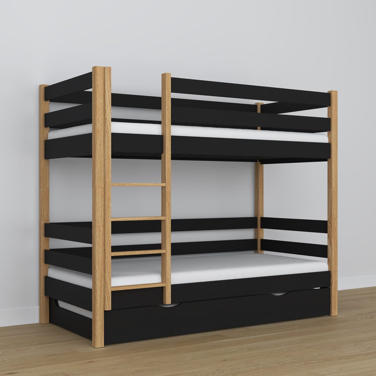 Black and Oak Bunk Bed – Wooden Slatted Frame, Mattress Drawer