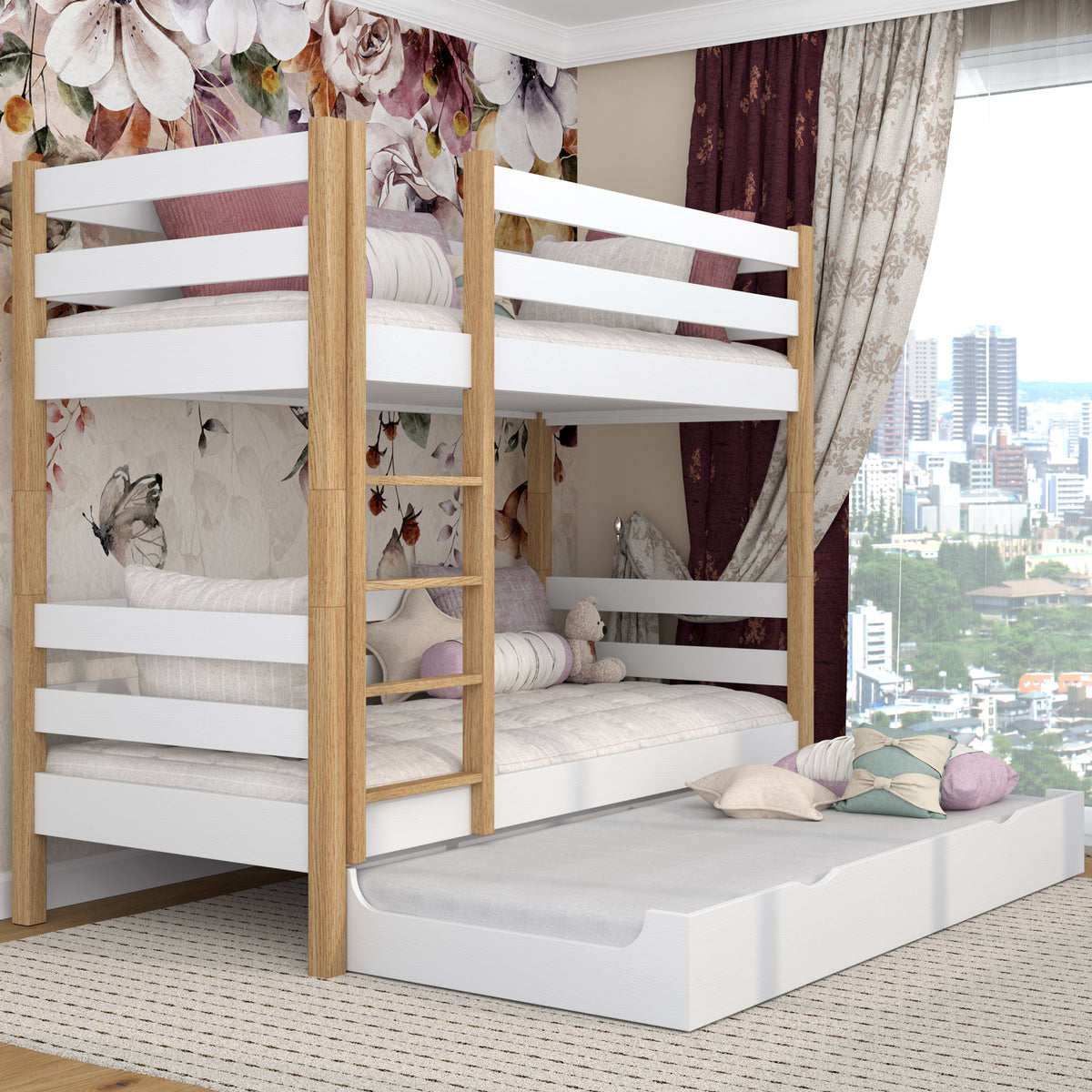 White and Oak Wooden Bunk Bed – Ladder, Rails, Drawer for Extra Mattress
