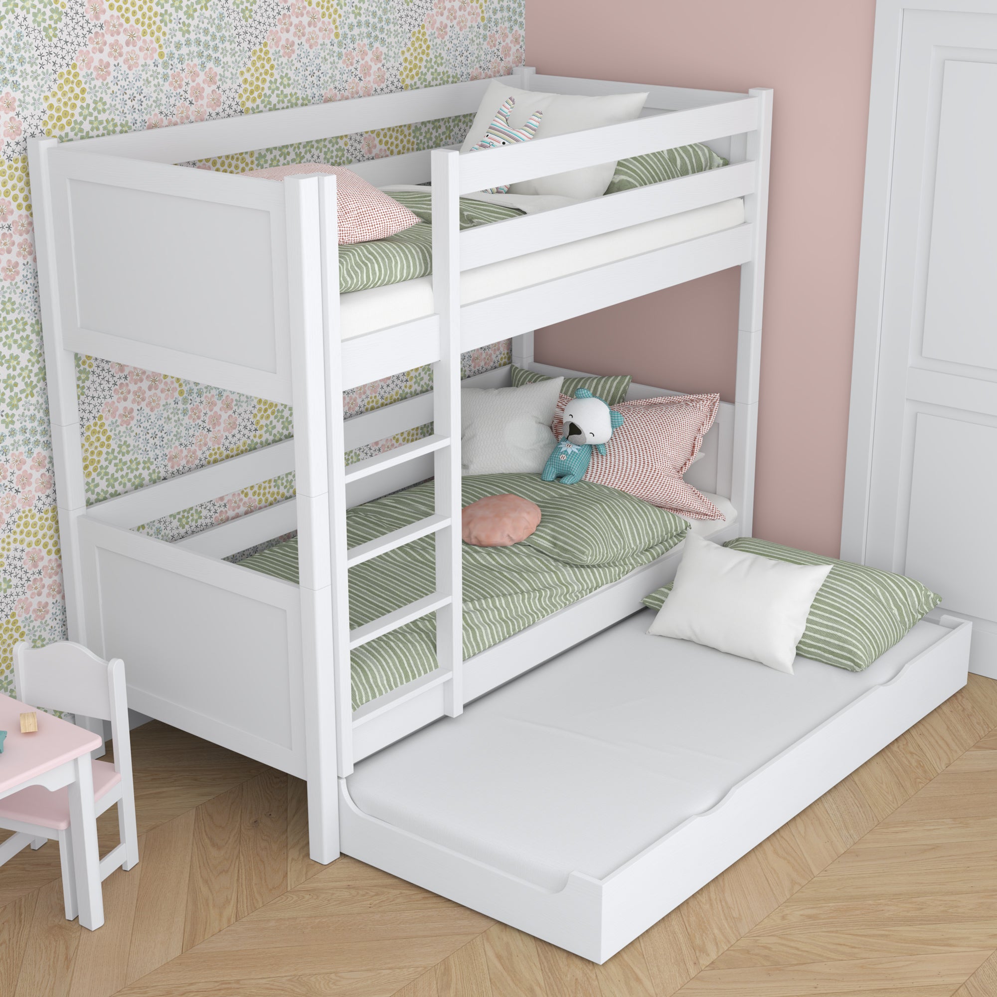 Lit superposé blanc pour enfants – tiroir na matelas, en bois, Nizio