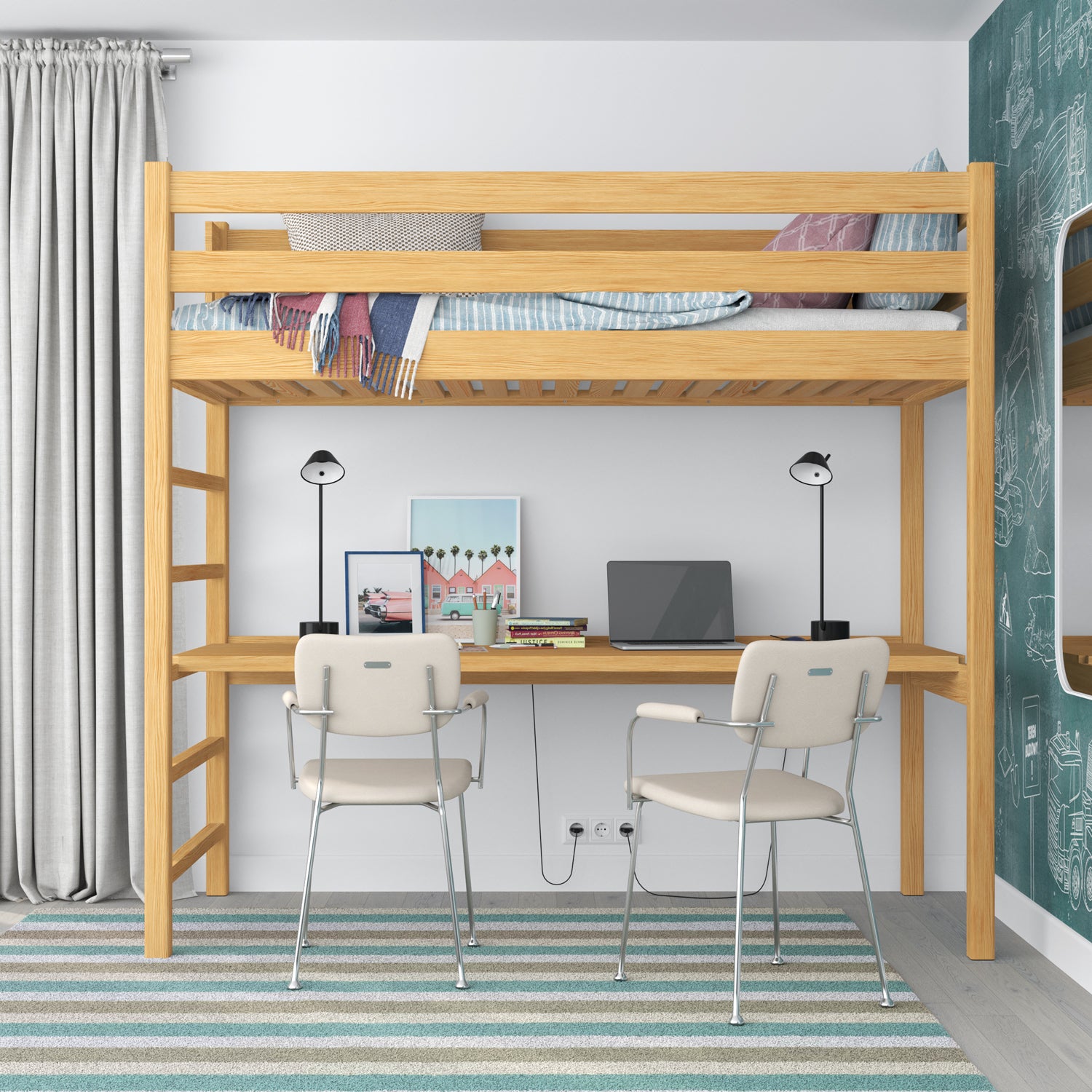 Hochbett mit Schreibtisch aus Holz Kiefer natur – Kinderzimmer, scandi Nizio
