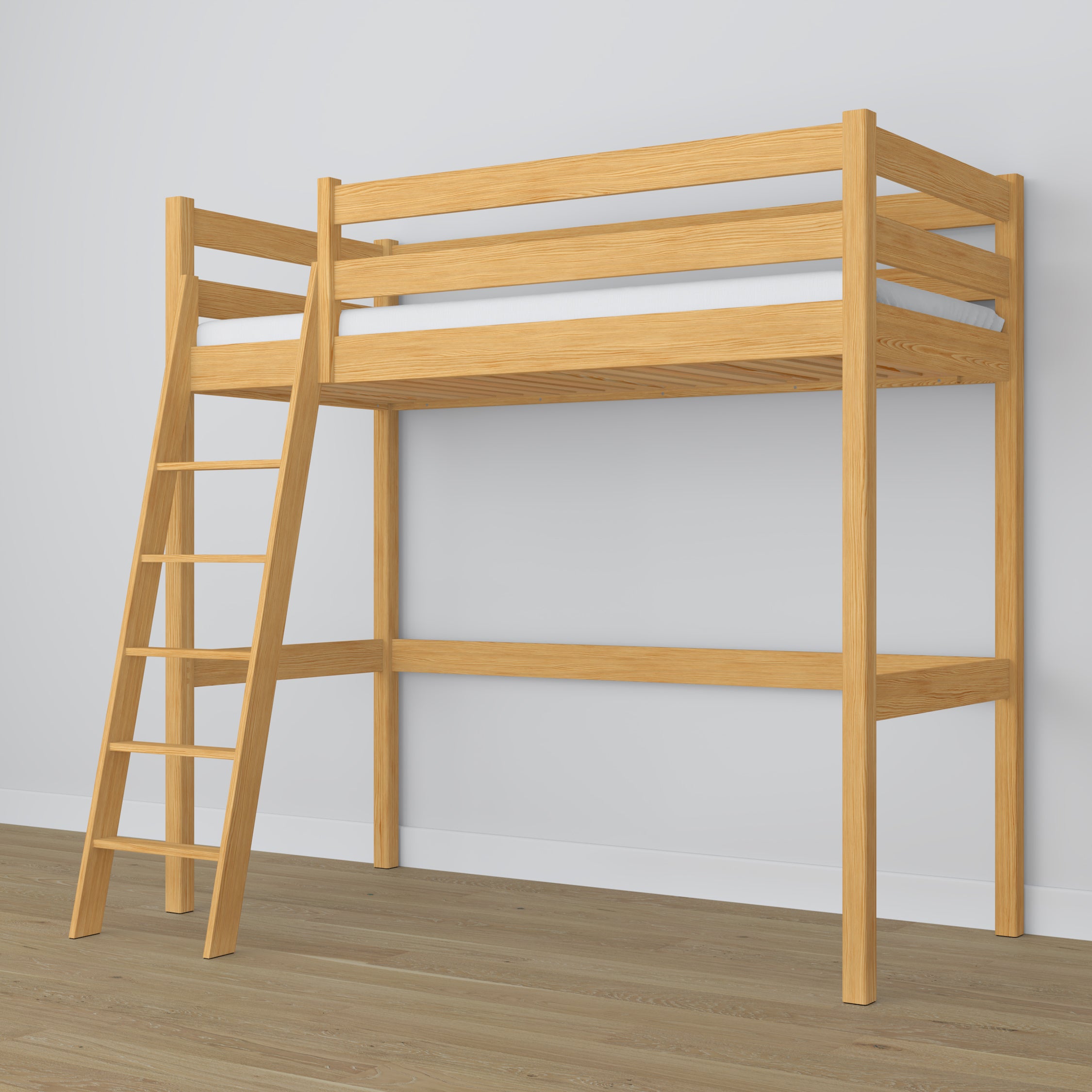 Natural Pine Wooden Loft Bed – Slatted Frame, Side View