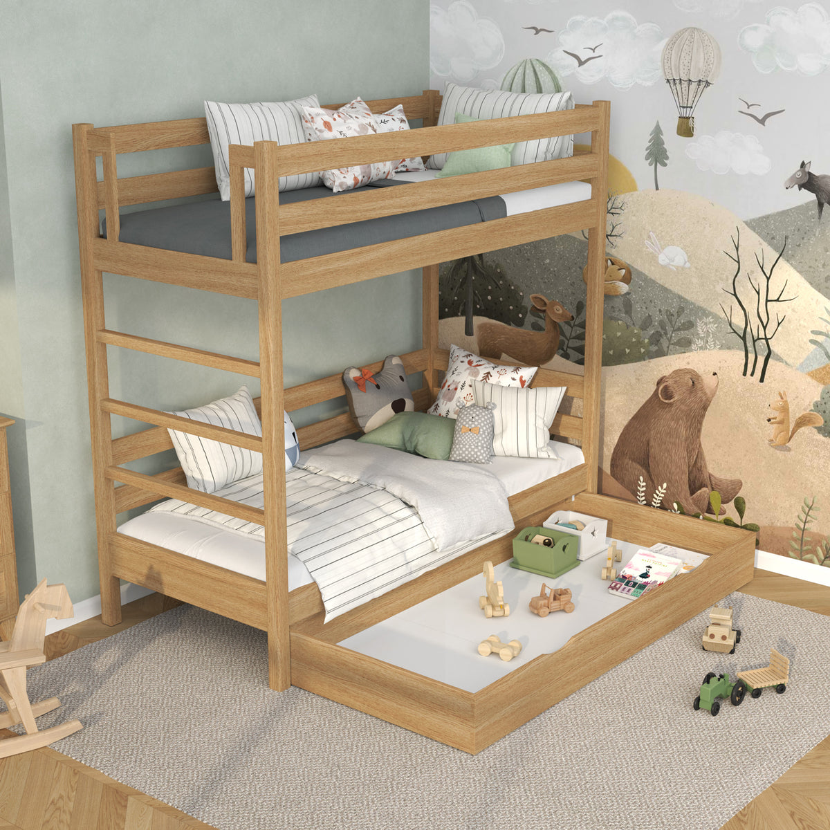 Natural Oak Bunk Bed with Drawer – Oak Safety Rail and Ladder, Nizio