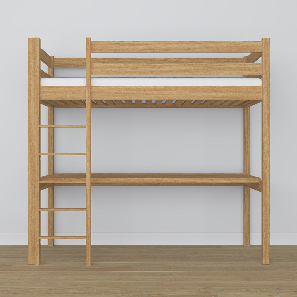Loft bed natural oak with desk – study space under the sleeping area, oak