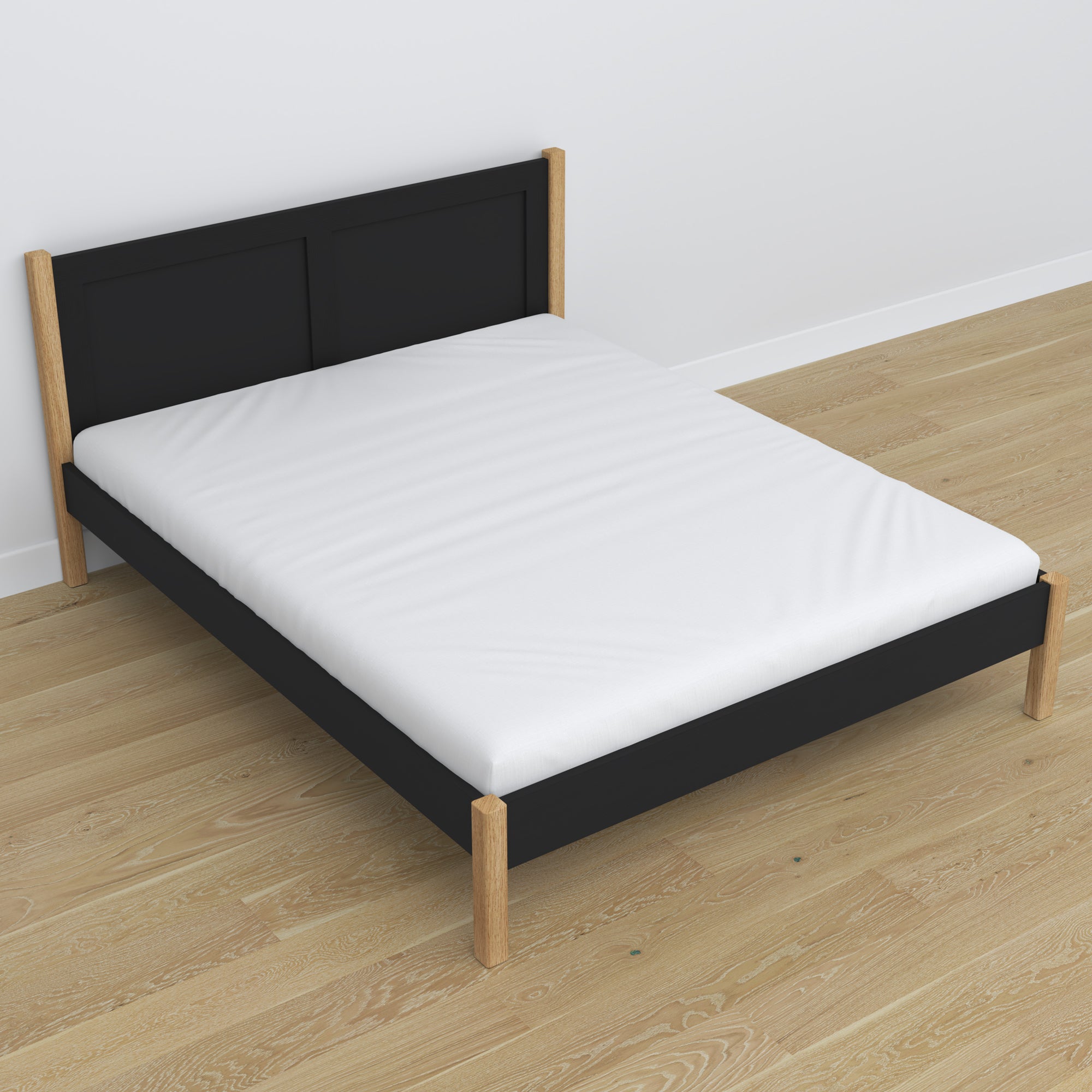 Doppelbett Schwarz-Eiche im Schlafzimmer – Arrangement mit Bettwäsche, Scandi-Stil