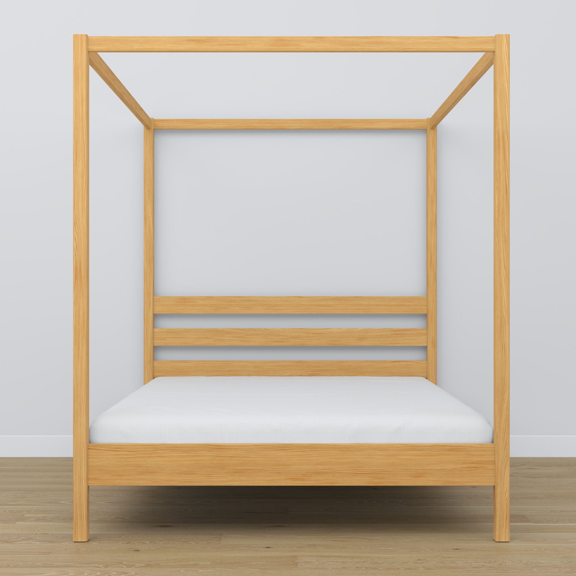Wooden double bed with canopy natural pine – headboard and frame, close-up