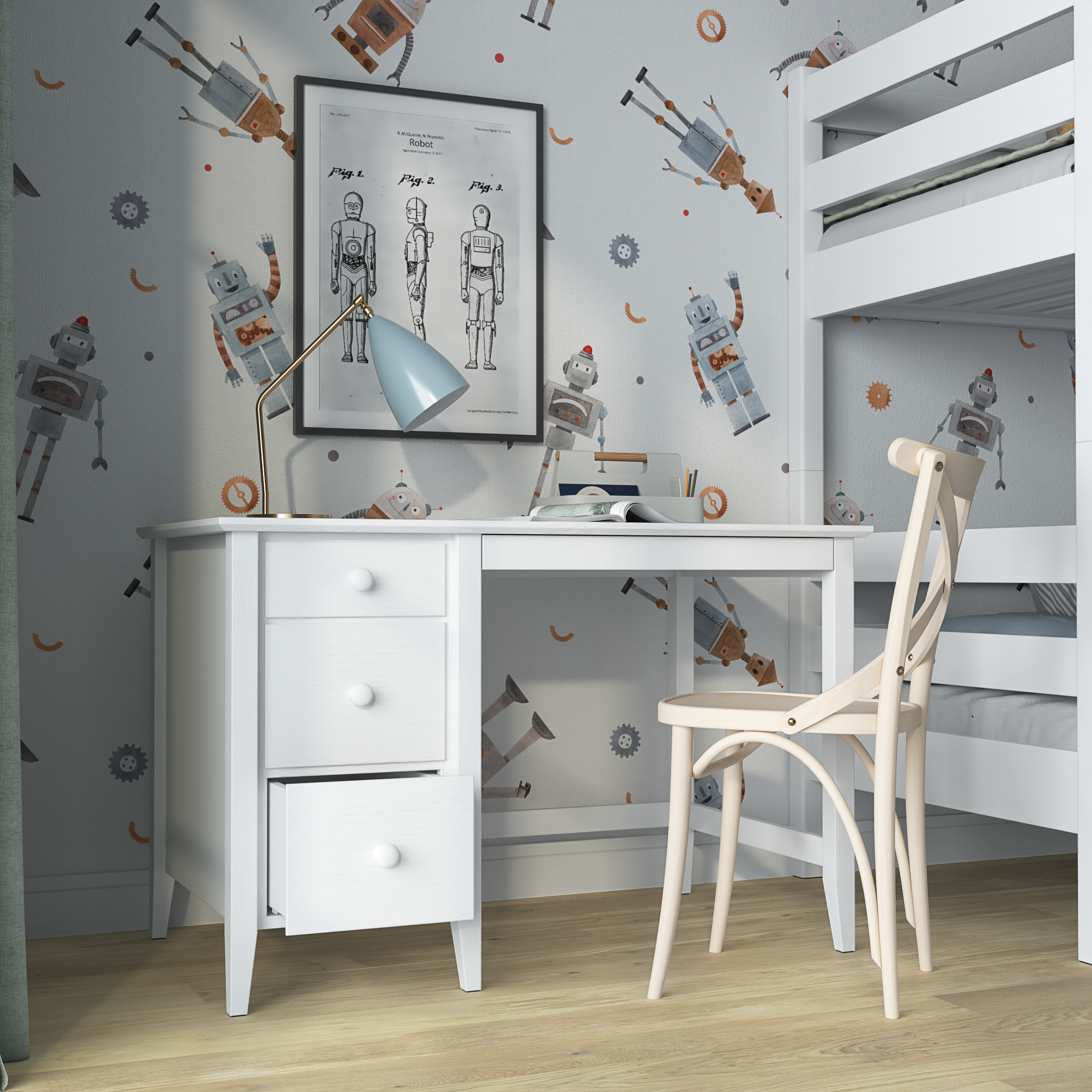 Bureau 3S blanc – en bois, plateau compact, vue frontale, Nizio
